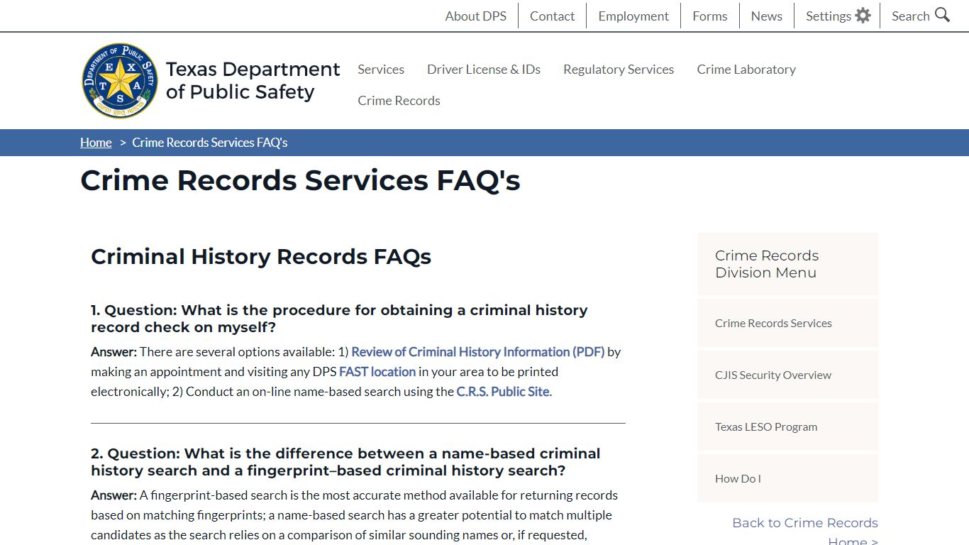 Crime Records Services FAQ's | Department of Public Safety